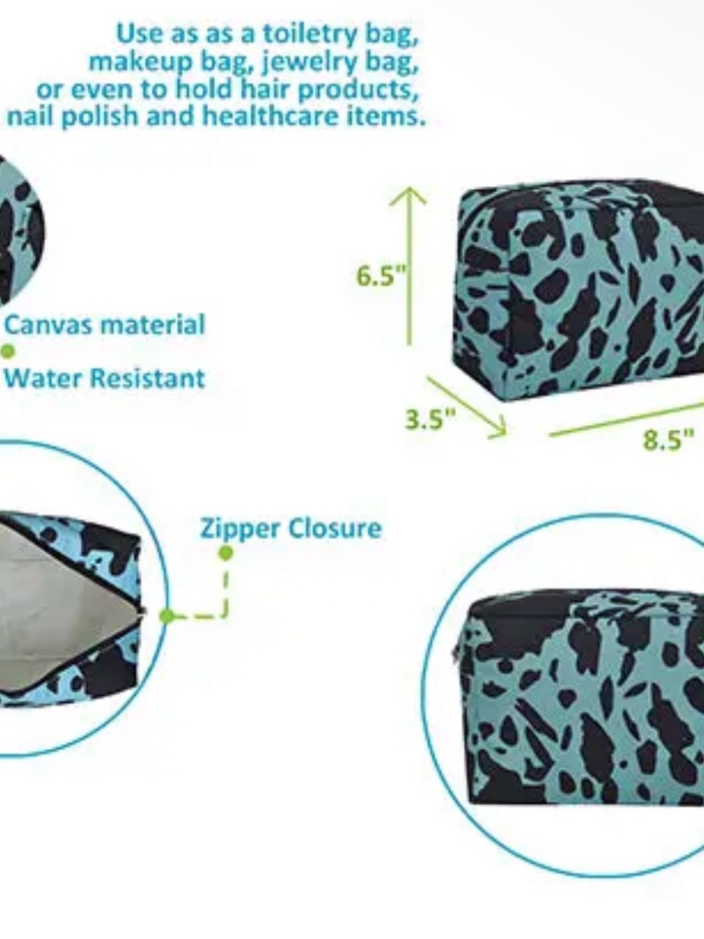 Turquoise Black Cowprint Cosmetic Bag Set - Matching Travel Organizer - Picture 8 of 10